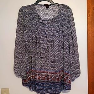 BlackNote sheer navy pheasant print blouse L